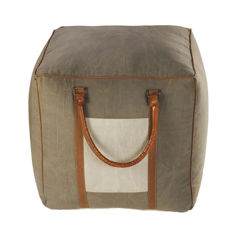 20 Gray Ivory Faux Leather Handmade Square Pouf Ottoman With Handles