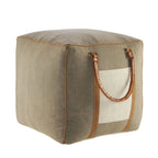 20 Gray Ivory Faux Leather Handmade Square Pouf Ottoman With Handles