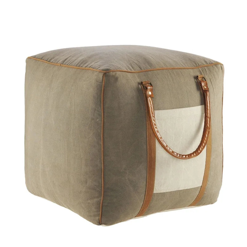 20 Gray Ivory Faux Leather Handmade Square Pouf Ottoman With Handles
