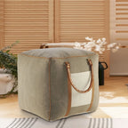 20 Gray Ivory Faux Leather Handmade Square Pouf Ottoman With Handles