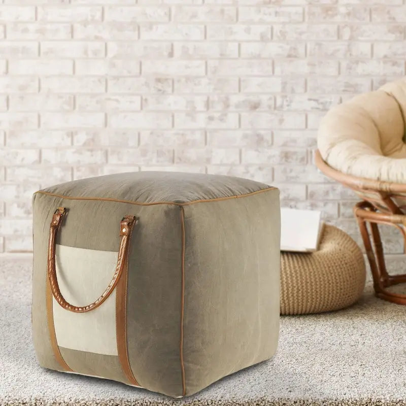 20 Gray Ivory Faux Leather Handmade Square Pouf Ottoman With Handles