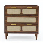 Farmhouse Wooden Storage Chest,Modern Rattan Dresser Cabinet with 3 Wide Drawers and Metal Handles