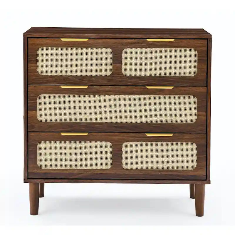 Farmhouse Wooden Storage Chest,Modern Rattan Dresser Cabinet with 3 Wide Drawers and Metal Handles