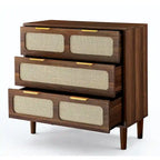 Farmhouse Wooden Storage Chest,Modern Rattan Dresser Cabinet with 3 Wide Drawers and Metal Handles