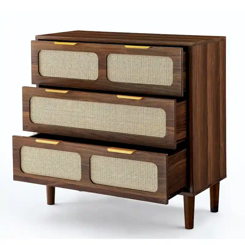 Farmhouse Wooden Storage Chest,Modern Rattan Dresser Cabinet with 3 Wide Drawers and Metal Handles