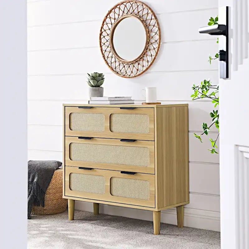 Farmhouse Wooden Storage Chest,Modern Rattan Dresser Cabinet with 3 Wide Drawers and Metal Handles
