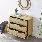 Farmhouse Wooden Storage Chest,Modern Rattan Dresser Cabinet with 3 Wide Drawers and Metal Handles