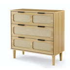 Farmhouse Wooden Storage Chest,Modern Rattan Dresser Cabinet with 3 Wide Drawers and Metal Handles