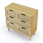 Farmhouse Wooden Storage Chest,Modern Rattan Dresser Cabinet with 3 Wide Drawers and Metal Handles