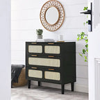 Farmhouse Wooden Storage Chest,Modern Rattan Dresser Cabinet with 3 Wide Drawers and Metal Handles