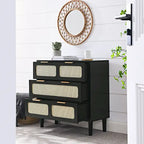 Farmhouse Wooden Storage Chest,Modern Rattan Dresser Cabinet with 3 Wide Drawers and Metal Handles
