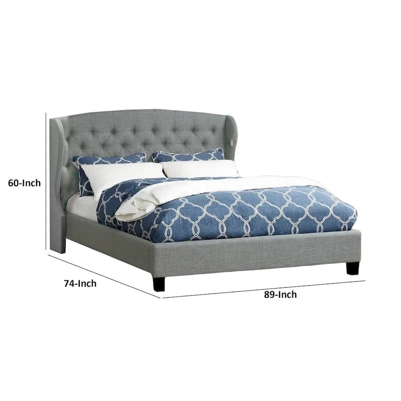 Jimi California King Bed, Upholstered Wingback Headboard, Gray Polyester