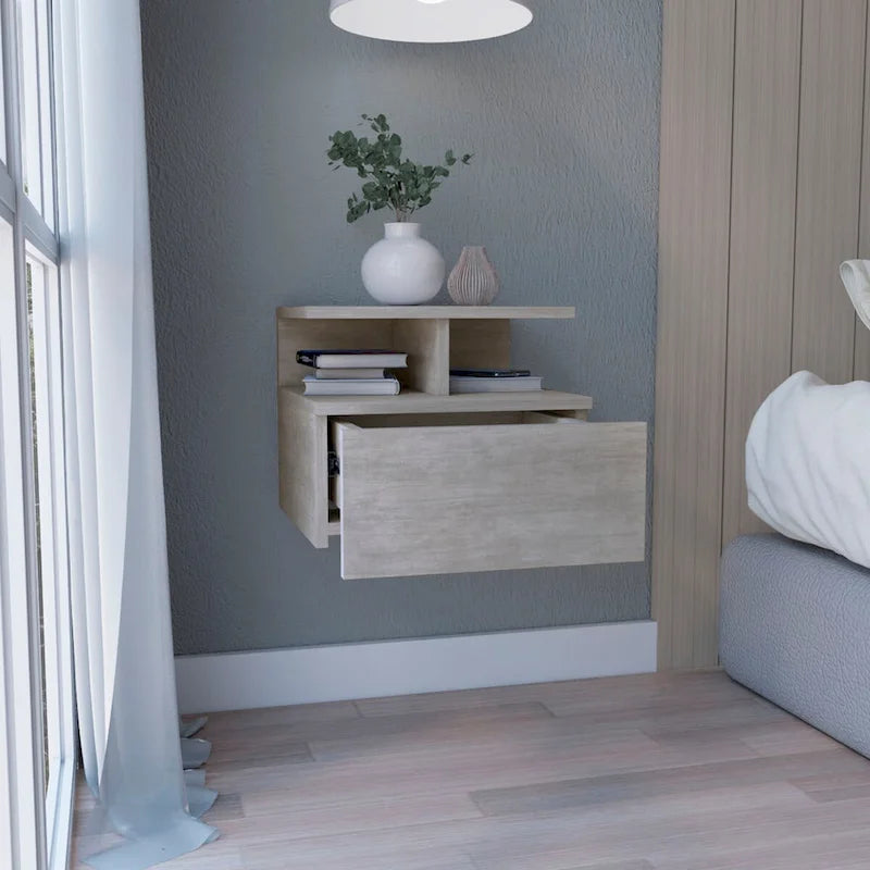 Floating Nightstand 12H,Wall Mounted with Single Drawer and 2-Tier Shelf,for Bedroom,Closet,Entryway,College Dorm