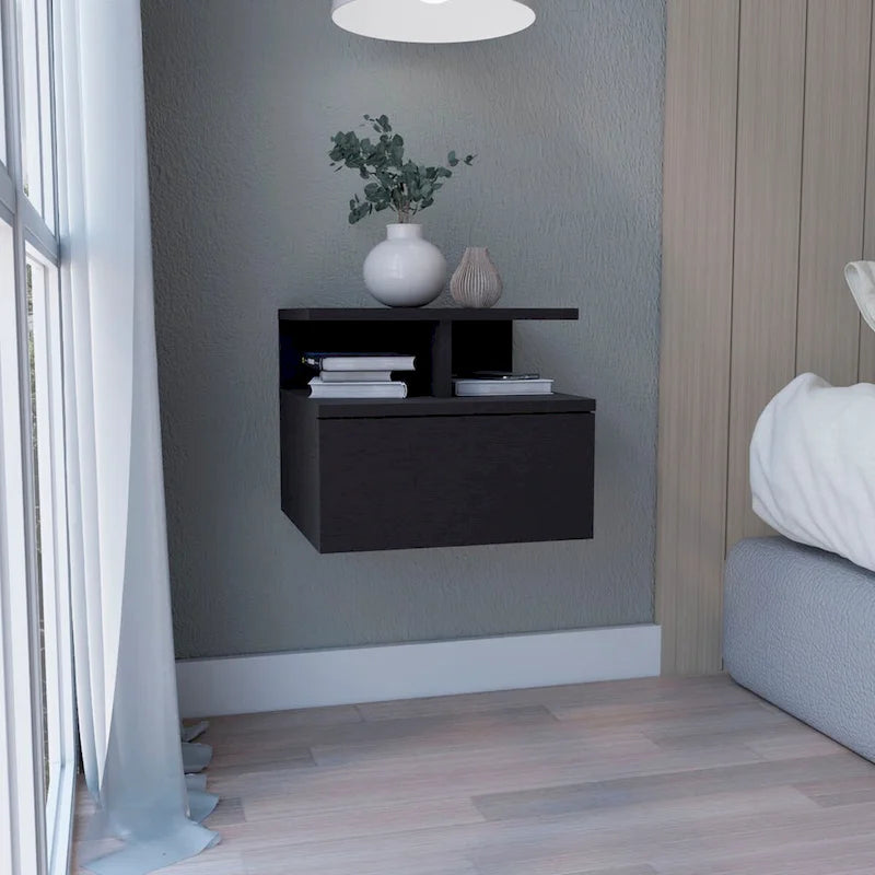 Floating Nightstand 12H,Wall Mounted with Single Drawer and 2-Tier Shelf,for Bedroom,Closet,Entryway,College Dorm