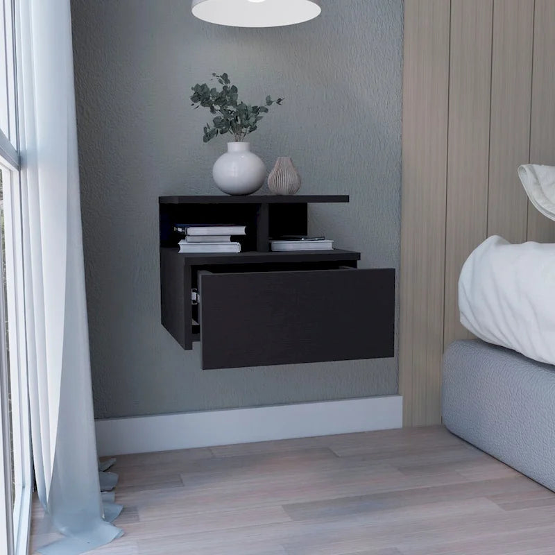 Floating Nightstand 12H,Wall Mounted with Single Drawer and 2-Tier Shelf,for Bedroom,Closet,Entryway,College Dorm
