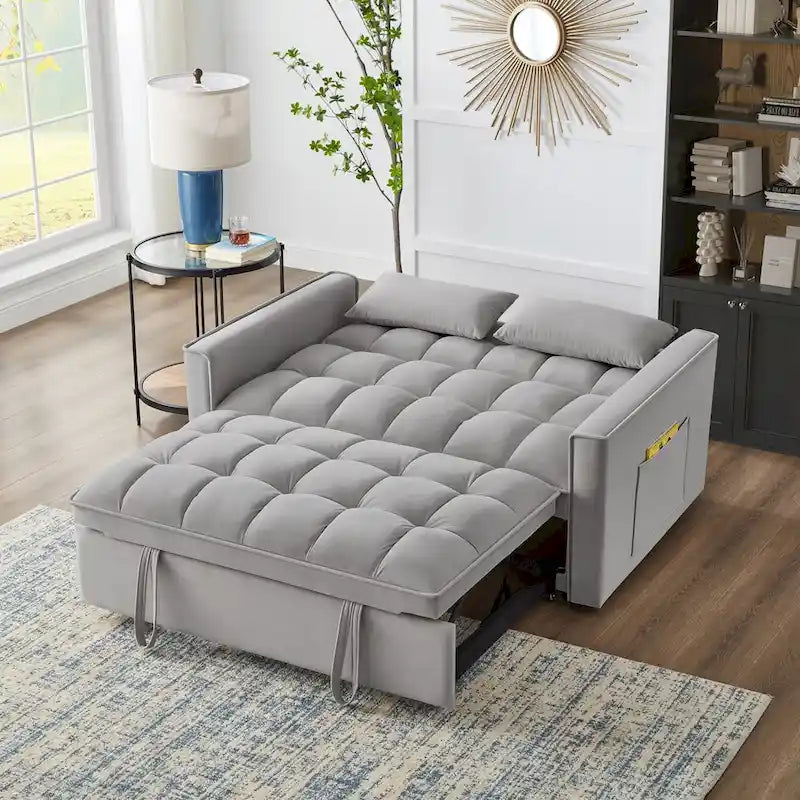 4 in1 Loveseat Sofa Bed with Armrests & Storage Pockets, Multi-Function Tufted Pull-out Sofa Bed with Adjustable Backrest