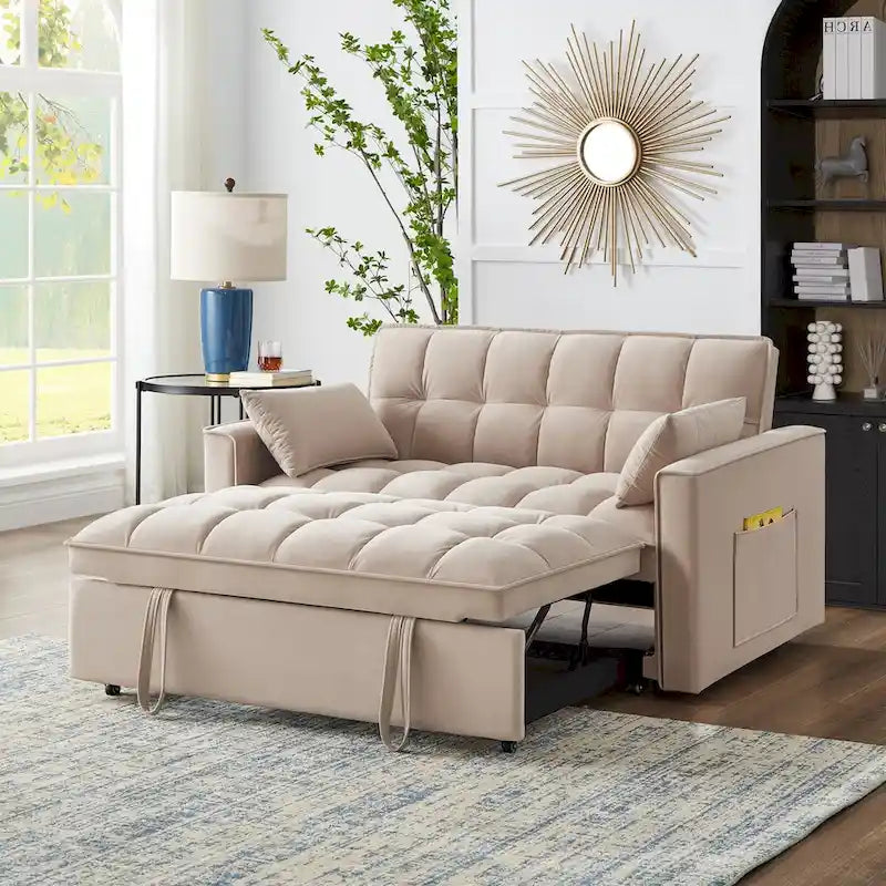 4 in1 Loveseat Sofa Bed with Armrests & Storage Pockets, Multi-Function Tufted Pull-out Sofa Bed with Adjustable Backrest