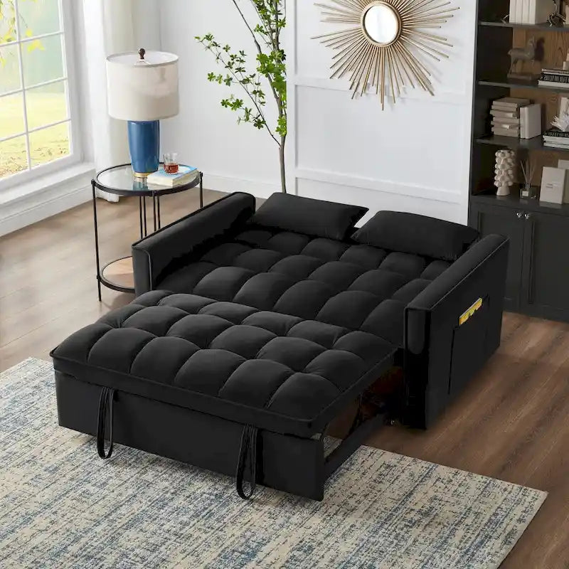 4 in1 Loveseat Sofa Bed with Armrests & Storage Pockets, Multi-Function Tufted Pull-out Sofa Bed with Adjustable Backrest