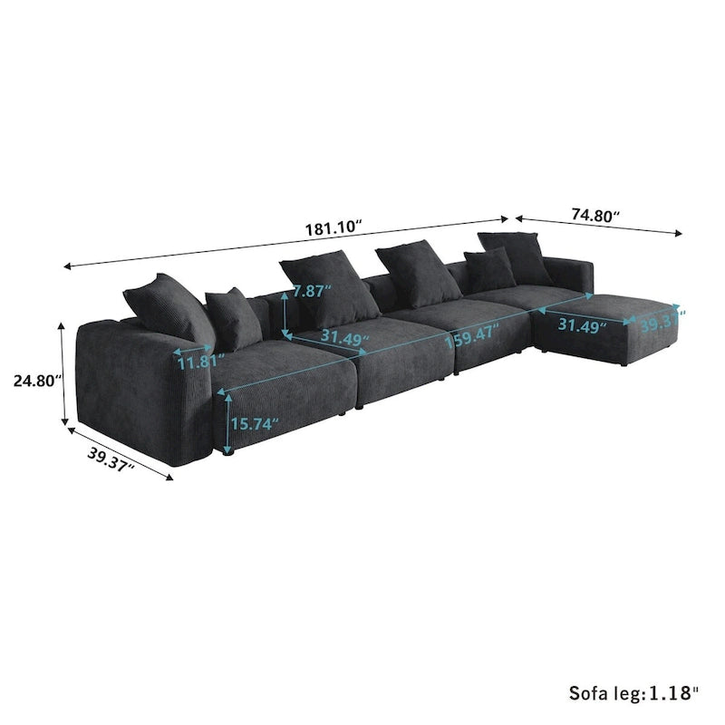 181Oversized Corduroy Sectional Sofa Couch with Ottoman, L Shaped Convertible Couch Deep Seat Couches for Modern Living Room