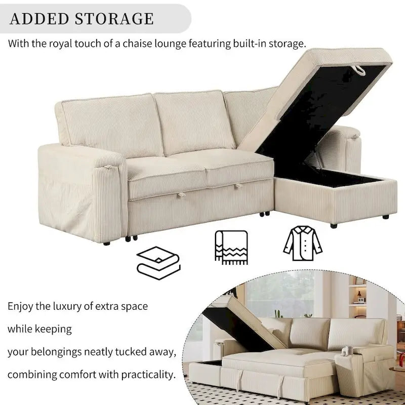 Upholstery Sleeper Sectional Sofa with Storage Bags and 2 Cup Holders on Arms