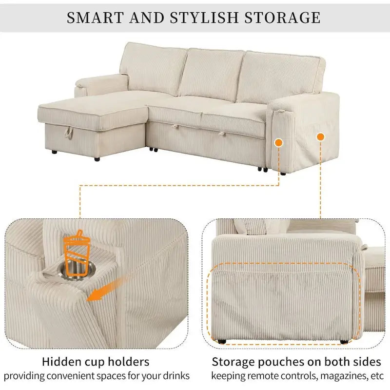 Upholstery Sleeper Sectional Sofa with Storage Bags and 2 Cup Holders on Arms