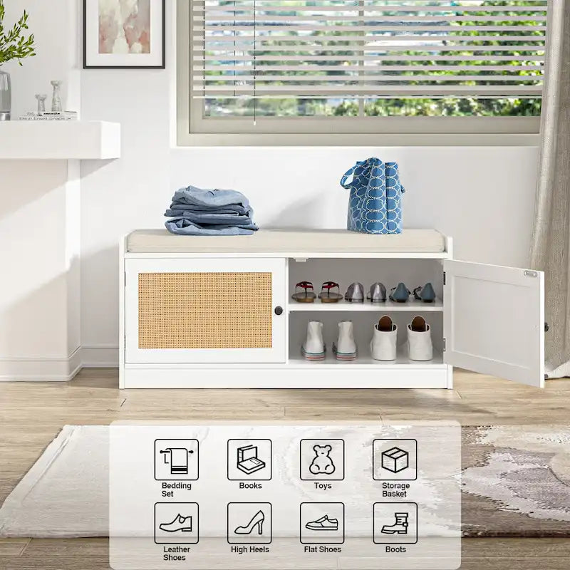 Anmytek White Shoe Storage Bench for Entryway with Cushion and Adjustable Shelves - 39.8 W x 15.7 D x 18 H