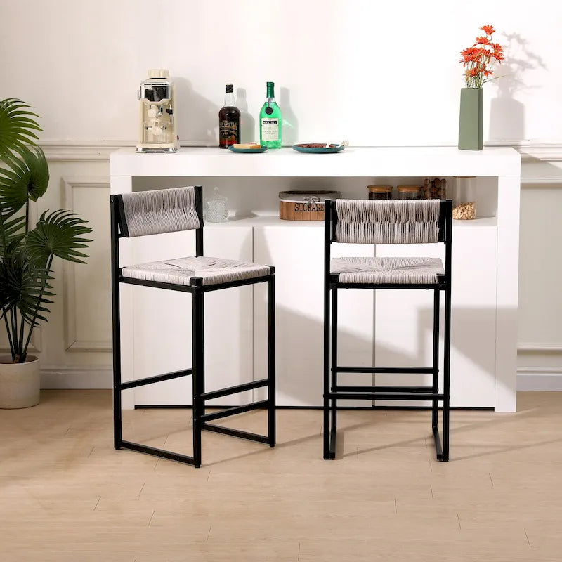 Bar Stools Set of 2 Paper Rope Weave Dining Chairs