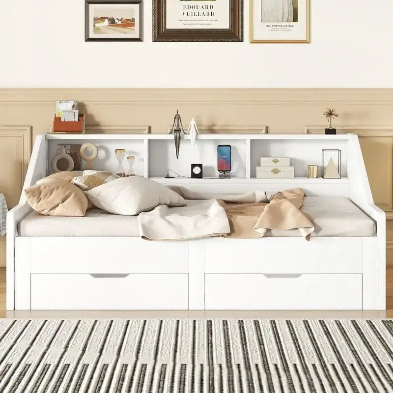 Twin to King Size Daybed Frame with Storage Bookcases and Two Drawers,Charging Design