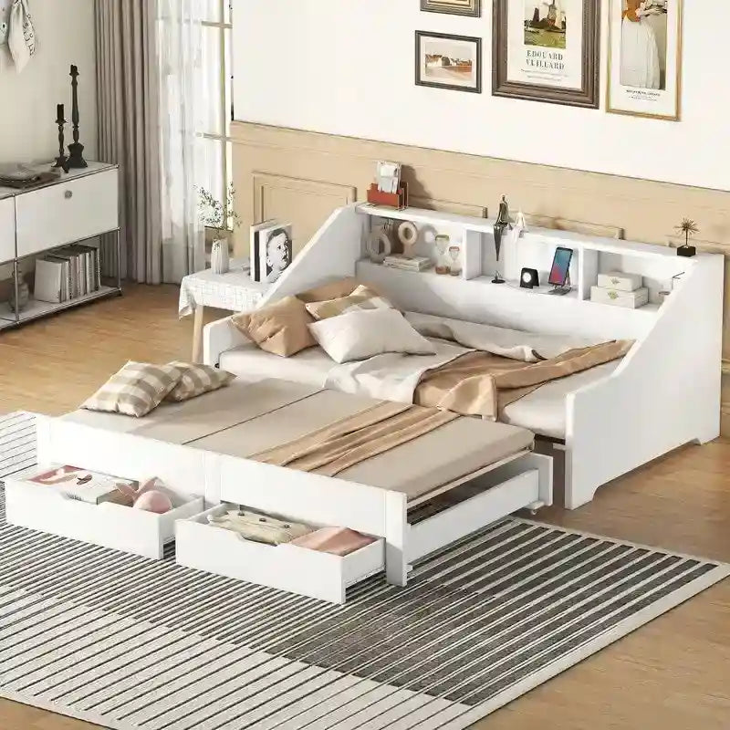 Twin to King Size Daybed Frame with Storage Bookcases and Two Drawers,Charging Design