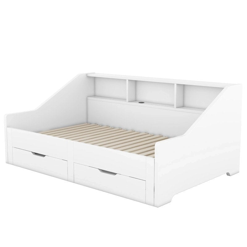 Twin to King Size Daybed Frame with Storage Bookcases and Two Drawers,Charging Design
