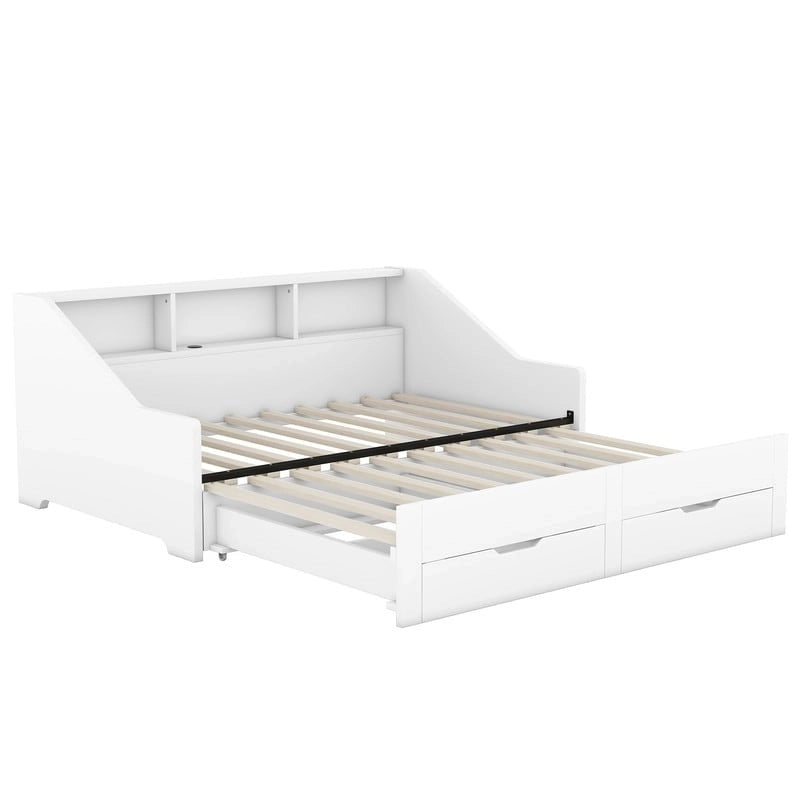 Twin to King Size Daybed Frame with Storage Bookcases and Two Drawers,Charging Design