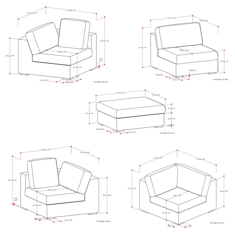 WyndenHall Marlee Corner Sectional Modular Sofa and Ottoman Set in Velvety Chenille Performance Fabric