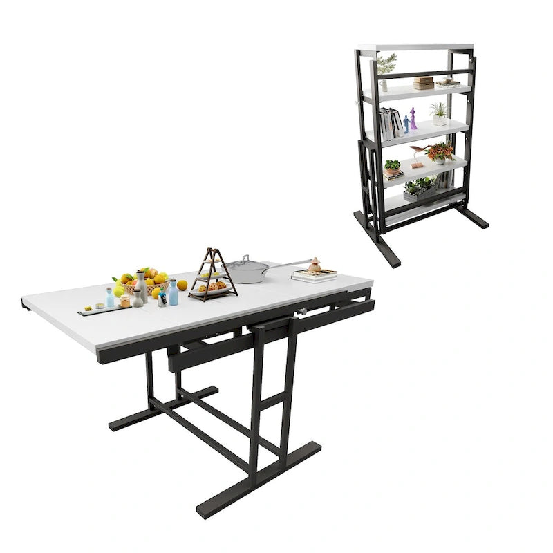 Solid Mahogany Wood Multifunction Convertible Dining Table,Free Switch Space Saving Table Shelf for Home and Studio,White Finish