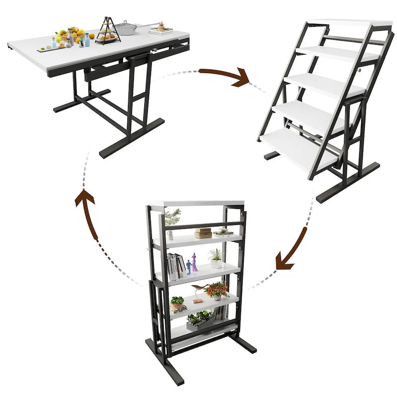 Solid Mahogany Wood Multifunction Convertible Dining Table,Free Switch Space Saving Table Shelf for Home and Studio,White Finish
