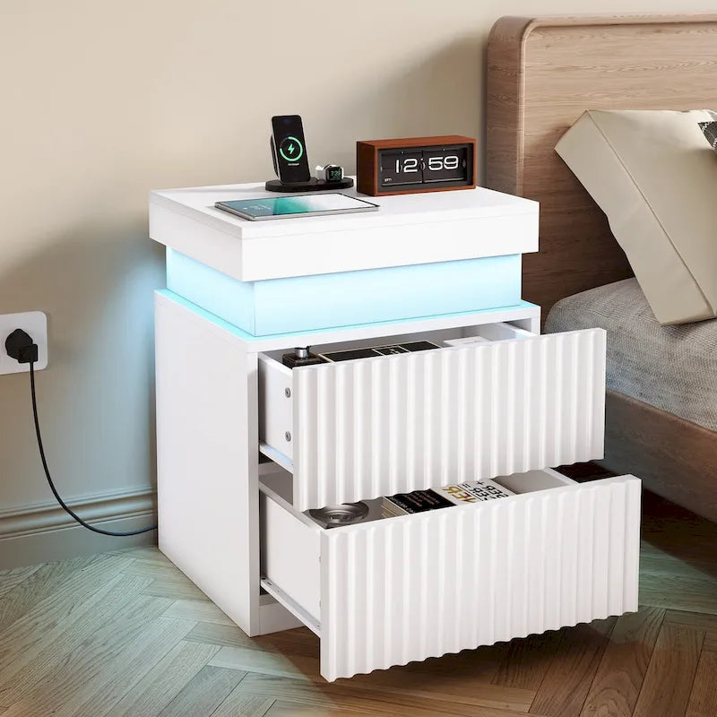 JASIWAY LED Night Stand Bedside Table with Charging Station- Set of 2