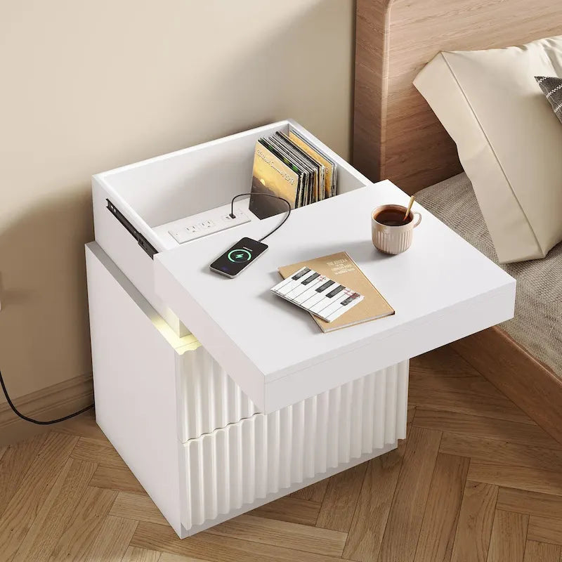 JASIWAY LED Night Stand Bedside Table with Charging Station- Set of 2