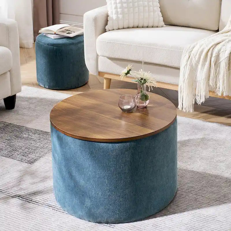 2-Piece Set Round Chenille Storage Ottoman, Equipped with a Drum Shaped Small Stool, Storage Space, and MDF Made Desktop Panel