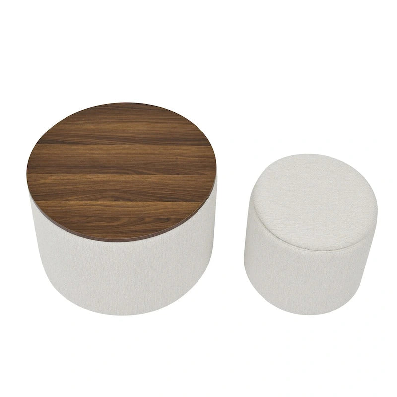 2-Piece Set Round Chenille Storage Ottoman, Equipped with a Drum Shaped Small Stool, Storage Space, and MDF Made Desktop Panel