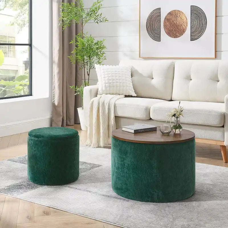 2-Piece Set Round Chenille Storage Ottoman, Equipped with a Drum Shaped Small Stool, Storage Space, and MDF Made Desktop Panel