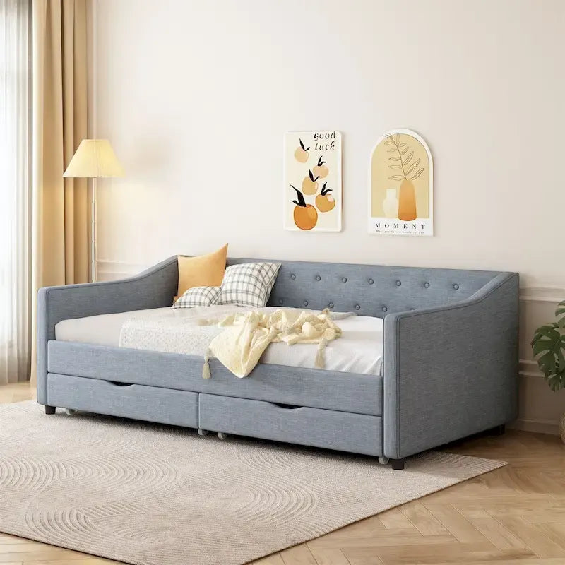 Twin Size Daybed with Drawers Upholstered Tufted Sofa Bed
