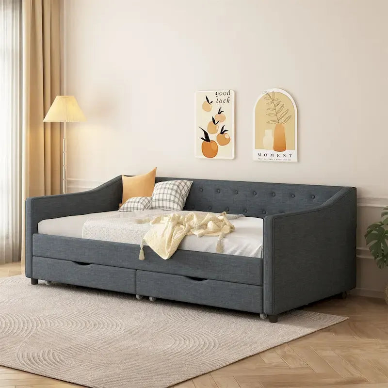 Twin Size Daybed with Drawers Upholstered Tufted Sofa Bed
